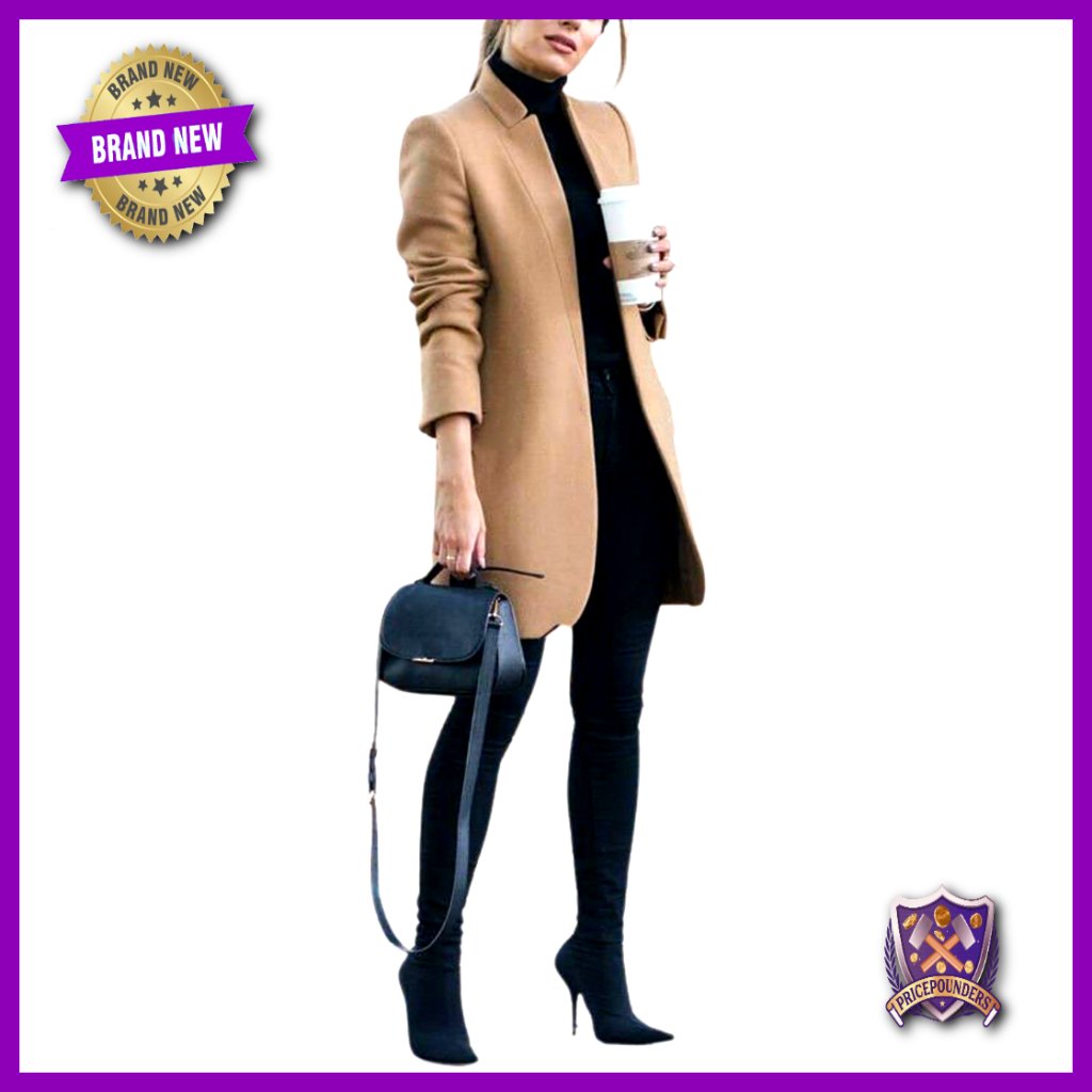 Stand Collar Open Front Pea Coat Mid Long Trench Blazer Elegant Winter Outerwear
